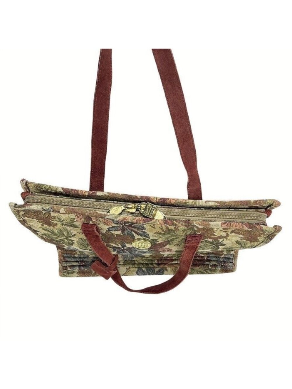 Ricardo Beverly Hills Tapestry Tote Bag With Suede Trim Leaf Pattern Zipper Top - Picture 7 of 16